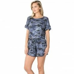 Zenana Outfitters Zenana Blue Camo Short Sleeve Shorts Romper Apparel
