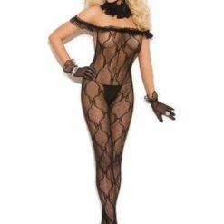 Elegant Moments Lingerie Bow Pattern Lace Open Crotch Bodystocking