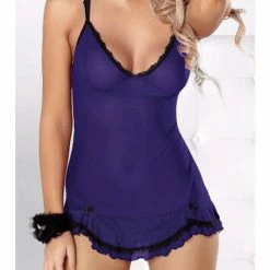 Escante Lace Trimmed Flutter Bottom Mesh Chemise And G String Set