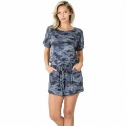 Zenana Outfitters Zenana Blue Camo Short Sleeve Shorts Romper Apparel