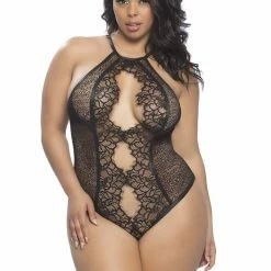 Oh La La Cheri Plus Size Devynn High Neck Eyelash Lace Teddy