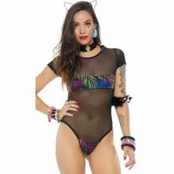 FORPLAY Hooded Bodysuit Sheer Mesh Palm Trees Print Panels Short Sleeves Dance