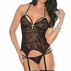 Escante Lingerie All Over Lace Bustier, G String, & Stockings