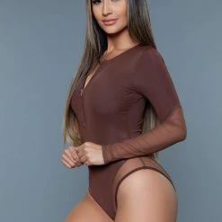 BeWicked Be Wicked Long Sleeve Malibu Zip Up Swimsuit Brown Swimwear