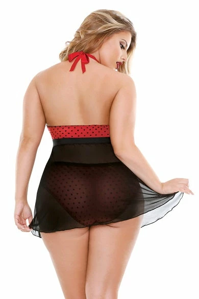 Fantasy Lingerie Valentina Flocked Heart Halter Keyhole Front Babydoll With Panty