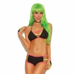 Elegant Moments Sets Neon Nites String Bra Top, Gloves, & Booty Shorts With Neon Straps