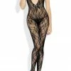 Fantasy Lingerie Deep V Floral Lace Open Crotch Bodystocking