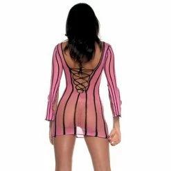 Music Legs Striped Long Sleeve Fishnet Mini Dress