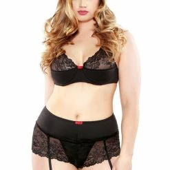 Fantasy Lingerie Curve Plus Size Lace Bra Set With Matching Gartered Crotchless Tap Shorts