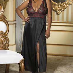 Shirley Of Hollywood Lingerie Plus Size Two Tone Long Lace & Satin Gown