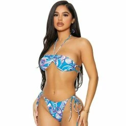 FORPLAY String Bikini Set Strappy Halter Top Gathered Cups Thong Bottoms Blue 441407 Swimwear