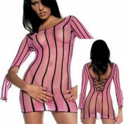 Music Legs Striped Long Sleeve Fishnet Mini Dress