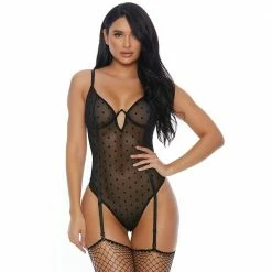 Lingerie FORPLAY BLACK POLKA DOT V-WIRE BRA TOP TEDDY